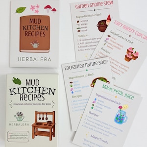 May include: A set of Mud Kitchen Recipes cards by Herbalera featuring two boxes and four recipe cards titled Garden Gnome Stew, Fairy Bakery Cupcake, Enchanted Nature Soup, and Magic Petal Juice, with colourful illustrations of nature items.