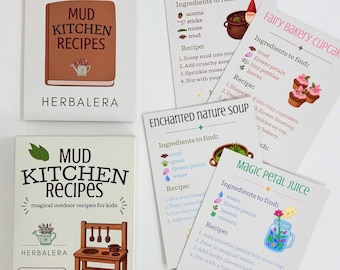 Könnte beinhalten: Ein Set von Mud Kitchen Recipes Karten von Herbalera mit zwei Schachteln und vier Rezeptkarten mit den Titeln Garden Gnome Stew, Fairy Bakery Cupcake, Enchanted Nature Soup und Magic Petal Juice sowie farbenfrohen Naturillustrationen.