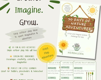 Könnte beinhalten: Ein digitaler Download mit dem Text „Entdecken. Erschaffen. Vorstellen. Wachsen.“ und „30 Tage Naturabenteuer“. Das Bild enthält Ideen für Outdoor-Aktivitäten für Kinder, wie z. B. den Bau eines Feenhauses und die Herstellung von Naturbürsten. Die Grafik ist für Kinder ab 2 Jahren geeignet.