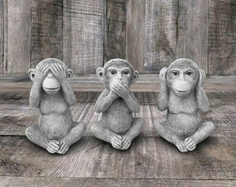 Concrete three wise monkeys statues set Stone garden sculpture Cement monkey figurines Outdoor decor Hear No Evil See No Evil Speak No Evil