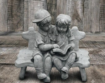 Boy And Girl Reading Book Statue Children Garden Sculpture Stone Figurine Concrete Outdoor Ornament Bench Yard Art Gift Idea For Home Decor
