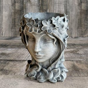 Concrete lady face planter Realistic girl head statue Stone flower pot figurine Yard art Garden ornament Floral crown vase