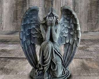 Concrete Crying Angel statue Outdoor Garden decor Mourning Angel Stone figurine Memorial Grave ornament Winged Sculpture Yard Art