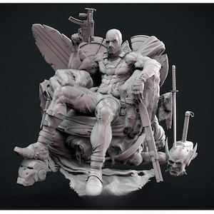 Puede incluir: Escultura monocromática detallada de una figura sentada en un trono, sosteniendo un rifle y una pistola. La figura lleva una máscara y equipo táctico. El trono presenta elementos esculpidos, incluyendo un casco y una calavera.