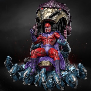 May include: A detailed statue of Magneto seated on a throne. Magneto is depicted in a red and purple costume, with a helmet. The throne is a stylized head with a metallic gold and purple finish, supported by a large blue hand.