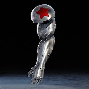 May include: A detailed, metallic silver prosthetic arm with a red star emblem on the shoulder piece. The arm is segmented and articulated, with a realistic hand design. The background is dark.
