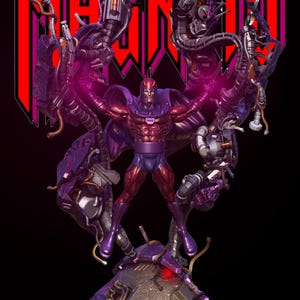 May include: A detailed statue of Magneto, a Marvel Comics character, in a dynamic pose. The figure is clad in a red and purple costume, with arms outstretched, surrounded by purple energy and mechanical elements. The word "MAGNETO" is displayed in red and pink.