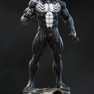 May include: A detailed statue of the Marvel Comics character Venom. The figure is predominantly black with white accents on the chest and back. The statue has a long, red tongue and is posed on a detailed base with green liquid.