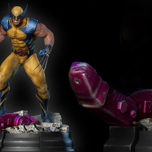 May include: A detailed figurine of Wolverine in a dynamic pose, clad in a yellow and blue costume with claws extended. The figure stands on a purple base, with a separate purple robotic arm nearby. The overall theme is superhero collectibles.