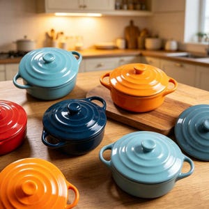 May include: A collection of round ceramic cooking pots with lids, featuring a glossy finish in vibrant colors including light blue, orange, dark blue, and red. Each pot has two side handles and a circular knob on the center of the lid.