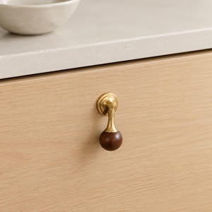 Puede incluir: Un pomo de armario con una esfera de madera de color marrón oscuro unida a una base de metal de latón cepillado. El herraje está montado en una puerta de armario de madera clara, mostrando un diseño de gota vertical con acabado liso.