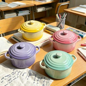 May include: Four small, round ceramic pots with lids, each featuring two side handles and a concentric ring design on the lid. The pots are colored in pastel yellow, pink, lavender, and light green, arranged on a wooden surface.