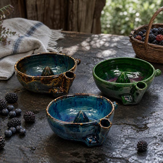 Wheel-thrown ceramic berry bowl with a built-in swirl cone strainer — a genuinely functional piece of pottery that looks like it belongs in a cottagecore dream kitchen.