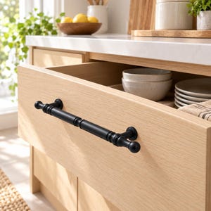 Puede incluir: Un tirador de cajón de metal negro mate con una barra cilíndrica y extremos redondeados decorativos, montado horizontalmente en un frente de cajón de madera de roble claro. El cajón está entreabierto, revelando cuencos y platos de cerámica.