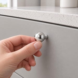 May include: A polished chrome cabinet knob featuring a spherical design. The knob has a smooth, reflective metallic surface and is attached to a small cylindrical base, providing a clean and simple aesthetic for furniture or cabinetry hardware.