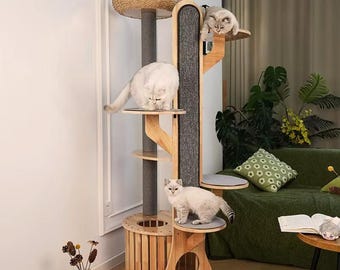 Multi Level Cat Tree in Natural Wood and Sisal with Cozy Hideaway for Feline Play