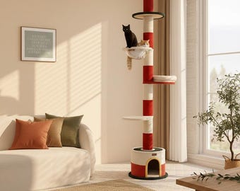 Árbol rascador multinivel para gatos con cómodas hamacas y postes rascadores para gatos activos.