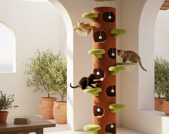 Moderno tiragraffi con piattaforme imbottite e accogliente casetta per giocare e rilassarsi in casa.