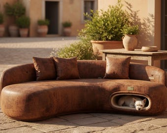 Curved Pet Sofa in Earthy Tones with Cushions for Stylish Dogs and Cats