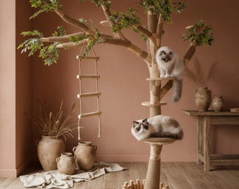 Natural Wood Cat Tree with Multi Tiered Design and Sisal Rope for Playful Cats