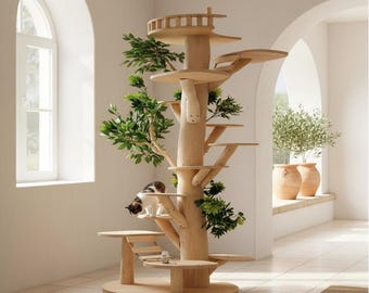 Natural Wood Cat Tree with Platforms and Ramps for Indoor Play and Exploration