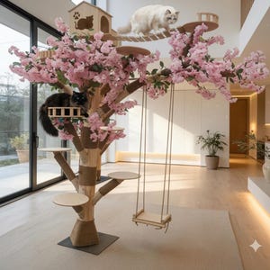 Multi Level Cat Tree with Cherry Blossoms Wooden Structure for Indoor Cats and Decor