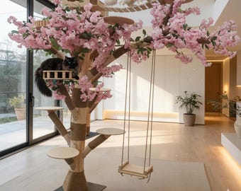 Árbol rascador multinivel para gatos con estructura de madera en forma de flores de cerezo para gatos de interior y decoración.