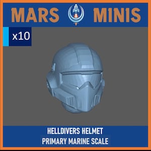 Könnte beinhalten: Ein hellblaues, 3D-gerendertes HellDivers-Helm. Der Helm hat ein detailliertes Design mit Visier, Belüftungsöffnungen und einer strukturierten Oberfläche. Das Bild enthält den Text "MARS MINIS" und "x10". Unter dem Helm steht "HELLDIVERS HELMET PRIMARY MARINE SCALE".