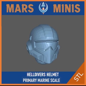 May include: A light blue, 3D-rendered HellDivers helmet. The helmet has a visor, side details, and a top section. The image includes the text "MARS MINIS" and "HELLDIVERS HELMET PRIMARY MARINE SCALE" in a blue and orange design.