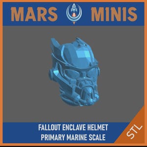Può includere: Un casco Fallout Enclave blu renderizzato in 3D. L'immagine include il testo "MARS MINIS" e "FALLOUT ENCLAVE HELMET PRIMARY MARINE SCALE" in testo bianco e arancione. La parola "STL" è nell'angolo in basso a destra.