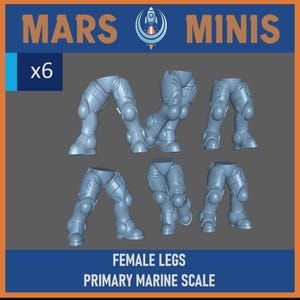 以下が含まれることがあります： MARS MINISとラベルされた、ゲームフィギュア用のグレーのプラスチック製ミニチュア脚6本セット。膝当てと丸みを帯びた足を備えた装甲プレートが特徴で、テーブルトップの組み立てとカスタマイズ用にプライマリーマリーン・スケールで設計されています。