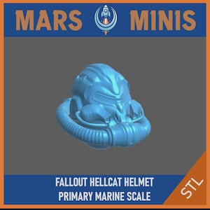 May include: A light blue Fallout Hellcat helmet, a 3D-printed model, with a ribbed neck piece. The image includes the text "MARS MINIS" and "FALLOUT HELLCAT HELMET PRIMARY MARINE SCALE". The background is gray with orange borders.