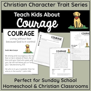 Peut inclure: Matériel pédagogique pour enseigner le courage aux enfants. L'image présente des feuilles de travail, un mots croisés et une recherche de mots, tous sur le thème du courage. Un chien de dessin animé est utilisé dans la conception.