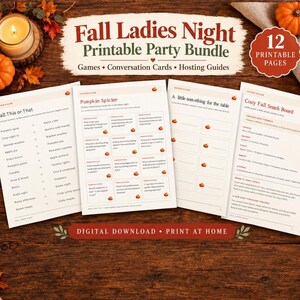 Può includere: Un pacchetto per feste stampabile Fall Ladies Night che include 12 pagine di giochi, carte per conversazioni e guide per l'ospitalità. I documenti contengono elenchi come Fall This or That, Pumpkin Spicier e Cozy Fall Snack Board su carta bianca.