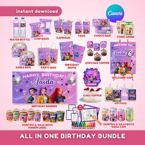 May include: A comprehensive birthday party bundle with a variety of items. Includes water bottles, chip bags, Capri Sun, tags, gable boxes, party bags, invitations, cupcake toppers, a banner, cake topper, VIP passes, ramen labels, and soda cans.