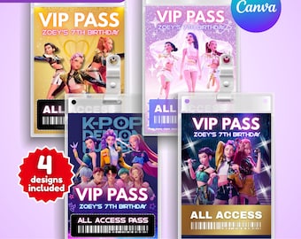 Pass VIP anniversaire Kpop Demon Hunters, badge d'identification Huntrix, pass fête K-Pop, carte VIP Kpop imprimable, Huntrix Saja Boys, imprimés fête Kpop
