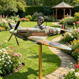Iron Maidens Spitfire Fighter tuinmolen, "Chief Pilot" Eddie windmolenornament, militaire vliegtuigen windmolen binnenplaatstuindecoratie