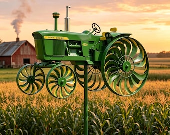 Molinillo de viento con forma de tractor John Deere / Molinillo de viento verde con forma de tractor agrícola / Decoración rústica para jardín