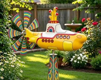 Molinillo de viento Yellow Submarine de The Beatles / Molinillo cinético de metal para jardín / Decoración retro de los años 60 para el patio