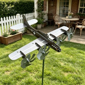 WWII Bomber Airplane Wind Spinner | Metal B-25 Garden Whirligig | Vintage Military Plane Yard Art