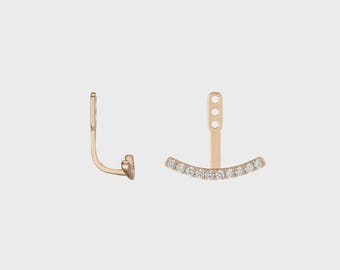 Pendientes curvos con diamantes brillantes, delicados pendientes de barra curva, joyería minimalista de oro de 14 quilates, pendientes delanteros y traseros.