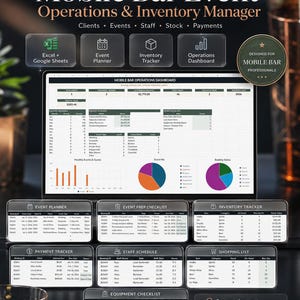 May include: An all-in-one mobile bar event operations and inventory manager spreadsheet system. The display features a dashboard with charts, an event planner, prep checklist, inventory tracker, payment tracker, staff schedule, and shopping list.
