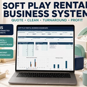 May include: A laptop displaying a Soft Play Rental Business Dashboard with data tables, charts, and operational alerts. Text includes SOFT PLAY RENTAL BUSINESS SYSTEM, QUOTE, CLEAN, TURNAROUND, PROFIT, 15 CONNECTED SHEETS, EXCEL + GOOGLE SHEETS-READY, and INSTANT DOWNLOAD.