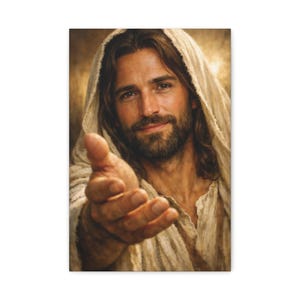 May include: A portrait of a person with long brown hair and a beard, wearing a textured beige hooded robe. The person is looking forward with a gentle expression and has one hand extended forward toward the viewer in a welcoming gesture.