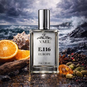 May include: A rectangular perfume bottle with a silver cap, labeled "VAEL E.116 EUROPE 1 oz / 30 ml." The image includes orange slices, spices, and a seashell against a stormy sea backdrop.