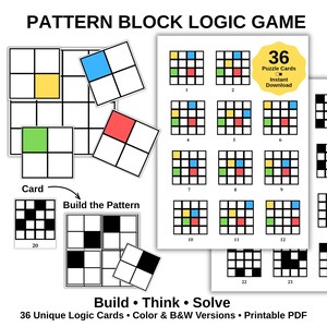 Op de afbeelding: Een patroonbloklogicaspel met de tekst "PATTERN BLOCK LOGIC GAME". Het spel bevat 36 puzzelkaarten met kleur- en zwart-witversies. De kaarten bevatten verschillende patronen en de tekst "Build Think Solve".