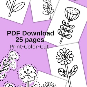 May include: Black and white line drawings of various flowers on white paper, arranged on a light purple background. The text "PDF Download 25 pages Print-Color-Cut" is displayed. The drawings are in a coloring book style.