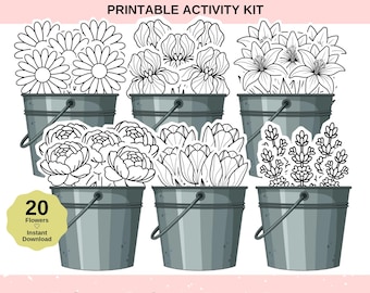 May include: A printable activity kit featuring six gray buckets filled with various line art flowers. The text "Flower Bar" and "Printable Activity Kit" are at the top. The bottom text reads "Print • Color • Cut • Create".