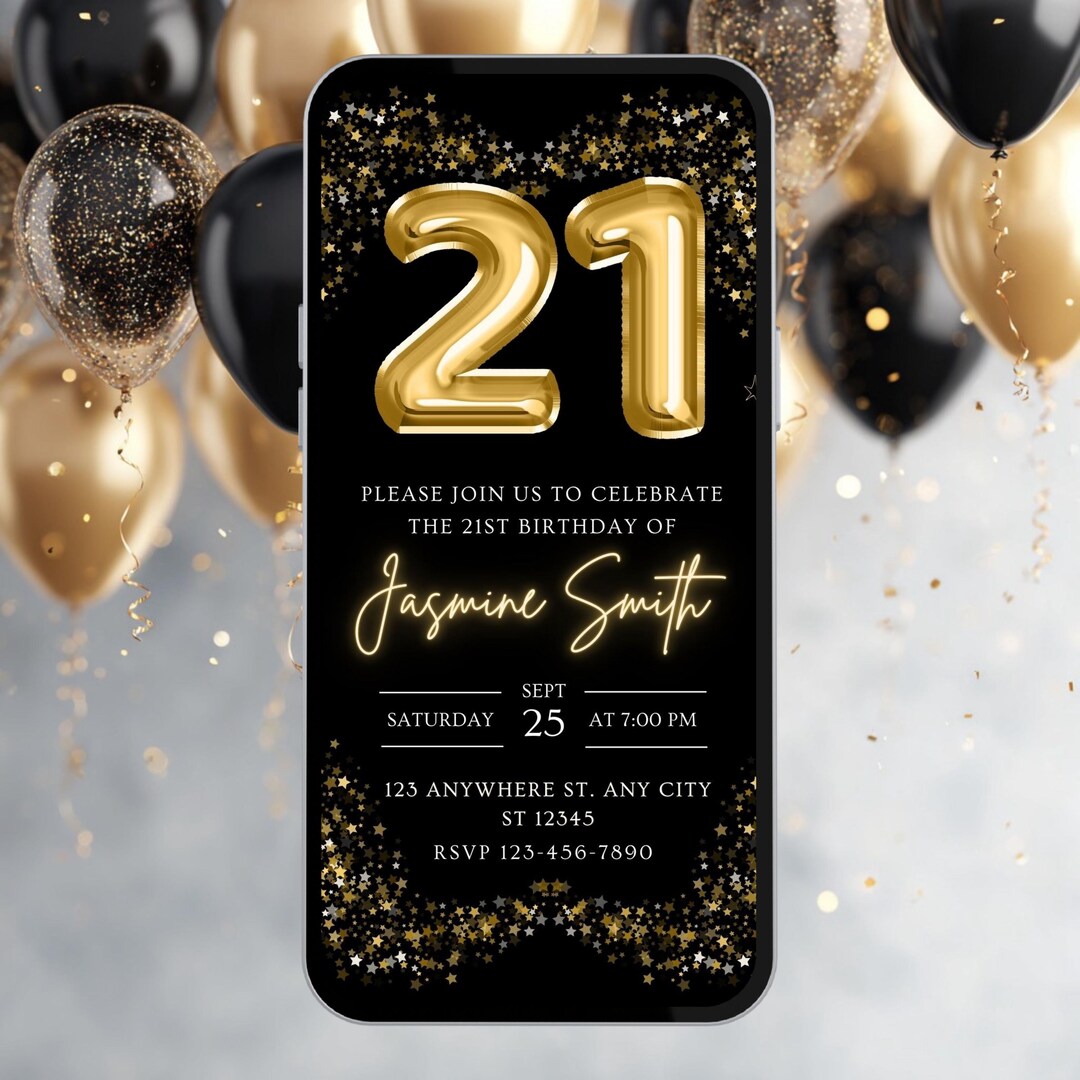 Editable 21st Birthday Invitation Template | Black and Gold Balloon ...