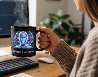 Ghost in the Machine Mug – AI Circuit Face Art, Sci-Fi Coffee Mug (11oz/15oz)
